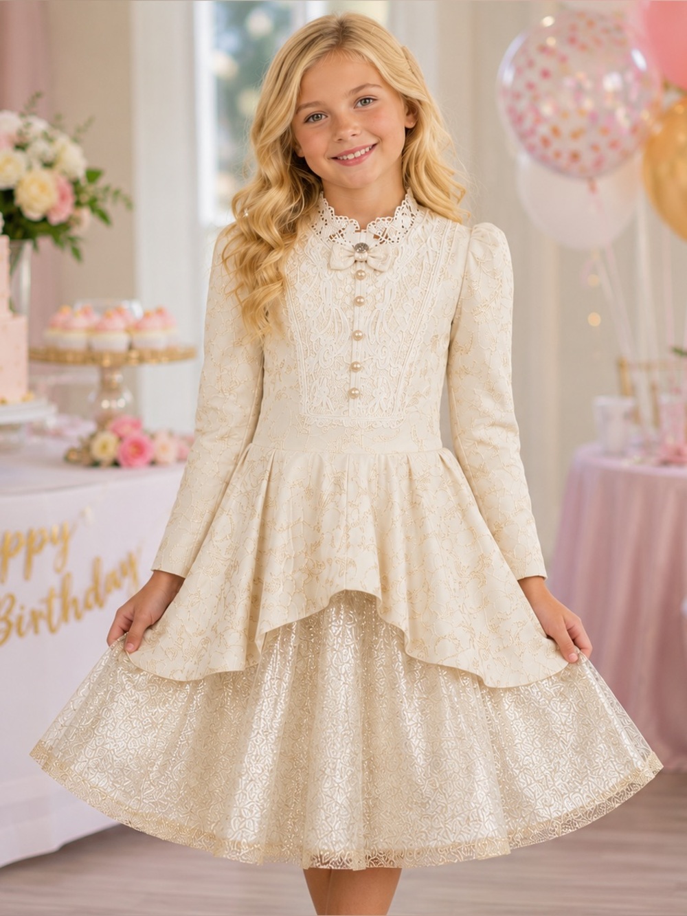 EUC Little Lady Ivory & Gold Brocade Princess Dress Girls Size 140 Fits 9-10Y ✨👑